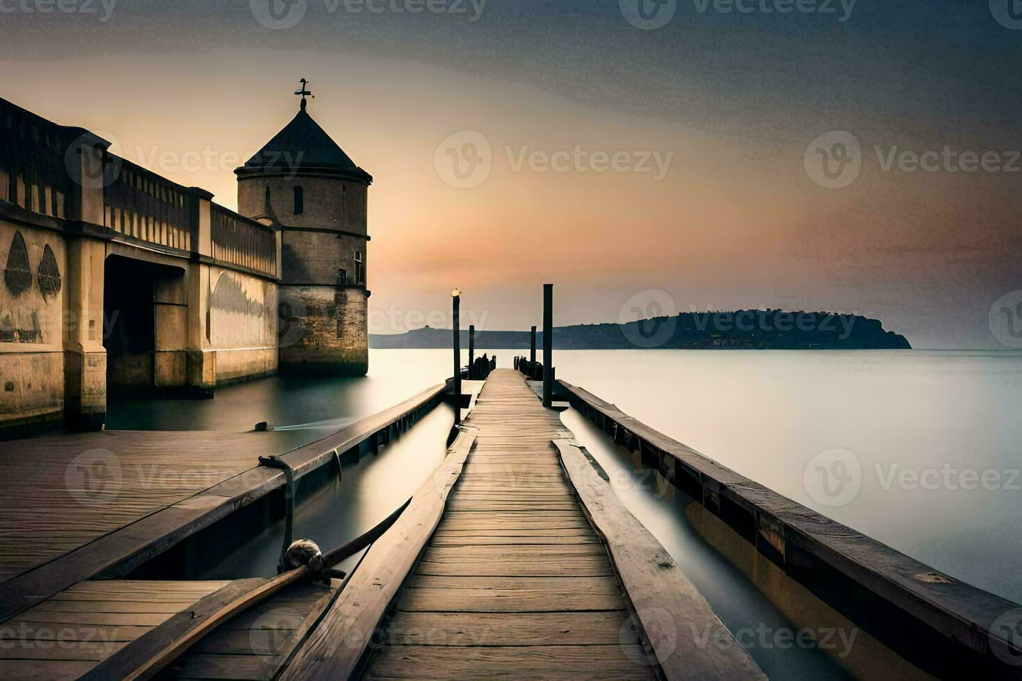 ein Seebrücke mit ein Turm und ein Boot im das Wasser. KI-generiert foto