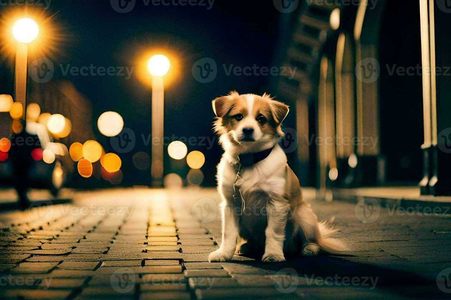 ein Hund Sitzung auf das Bürgersteig beim Nacht. KI-generiert foto