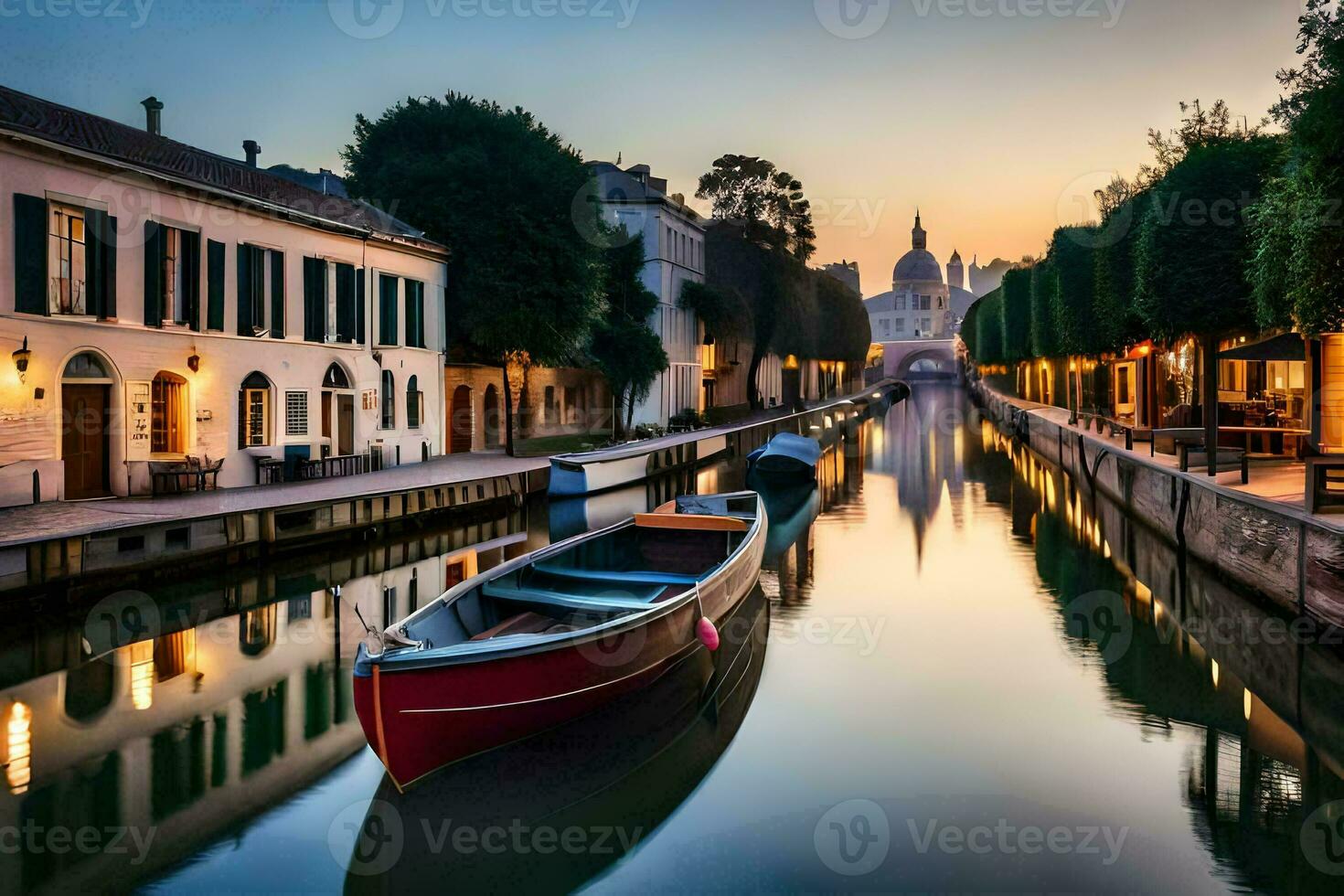 ein Boot ist angedockt im ein Kanal beim Sonnenuntergang. KI-generiert foto