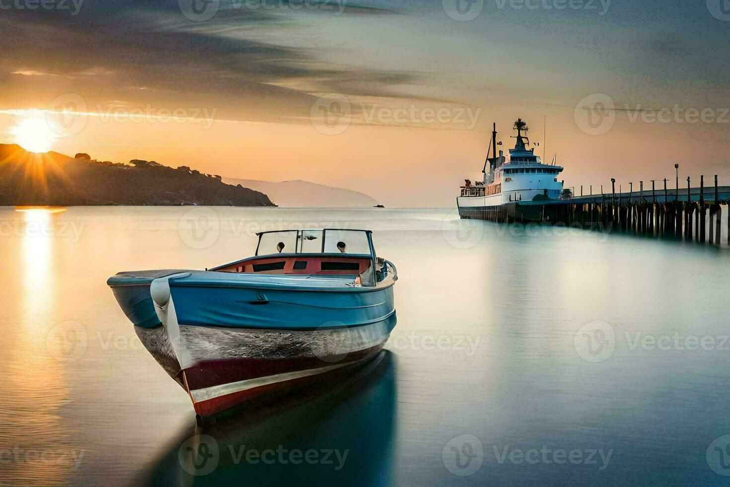 ein Boot sitzt auf das Wasser beim Sonnenuntergang. KI-generiert foto