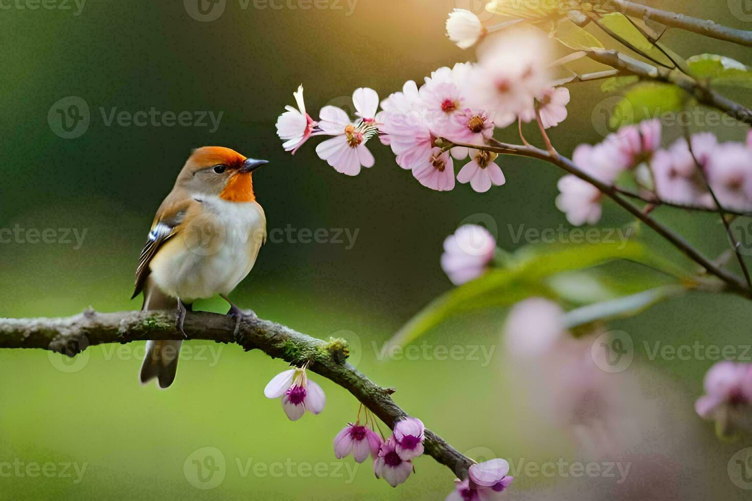 ein Vogel sitzt auf ein Ast mit Rosa Blumen. KI-generiert foto