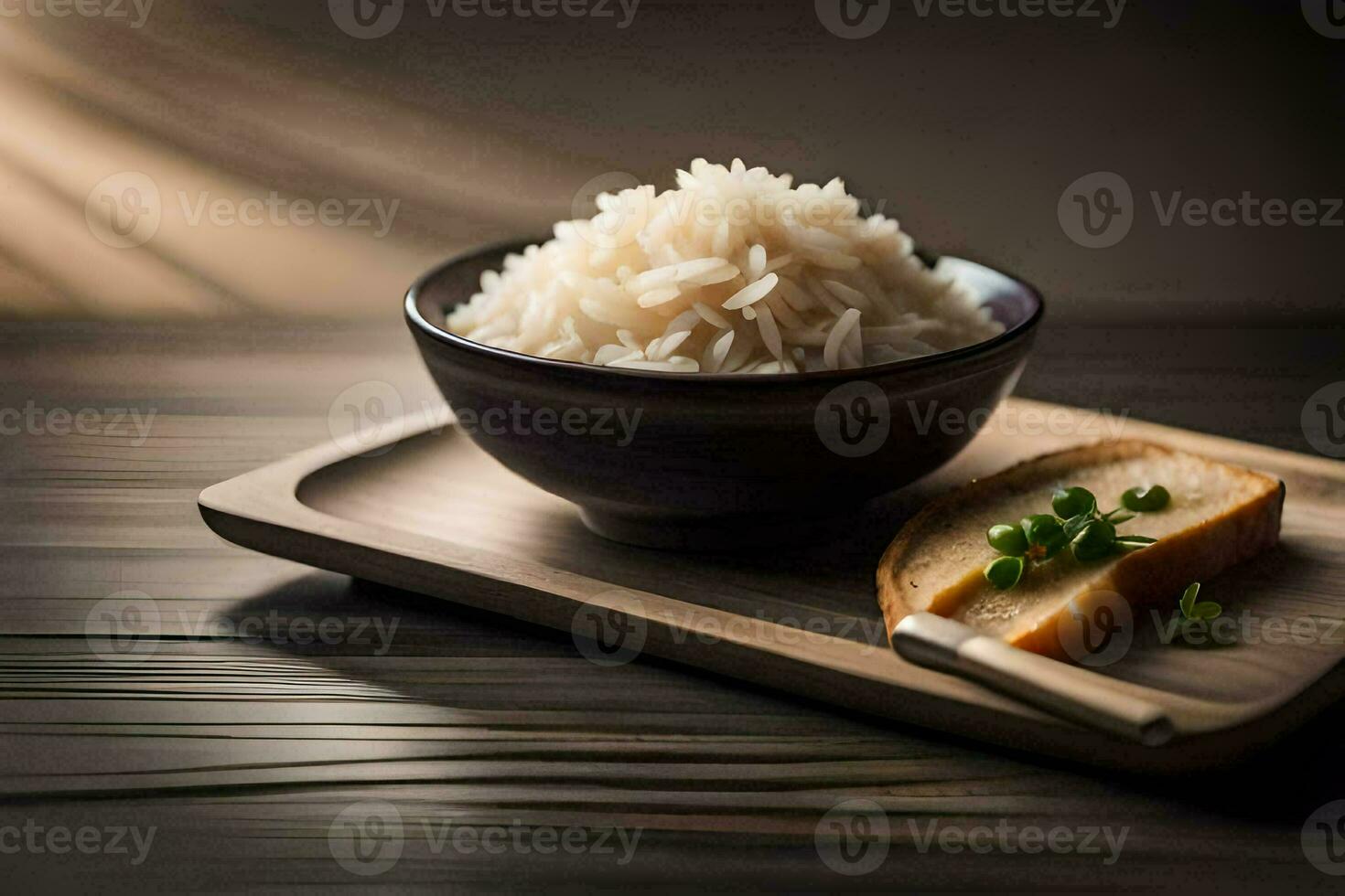 ein Schüssel von Reis und Brot auf ein hölzern Tisch. KI-generiert foto