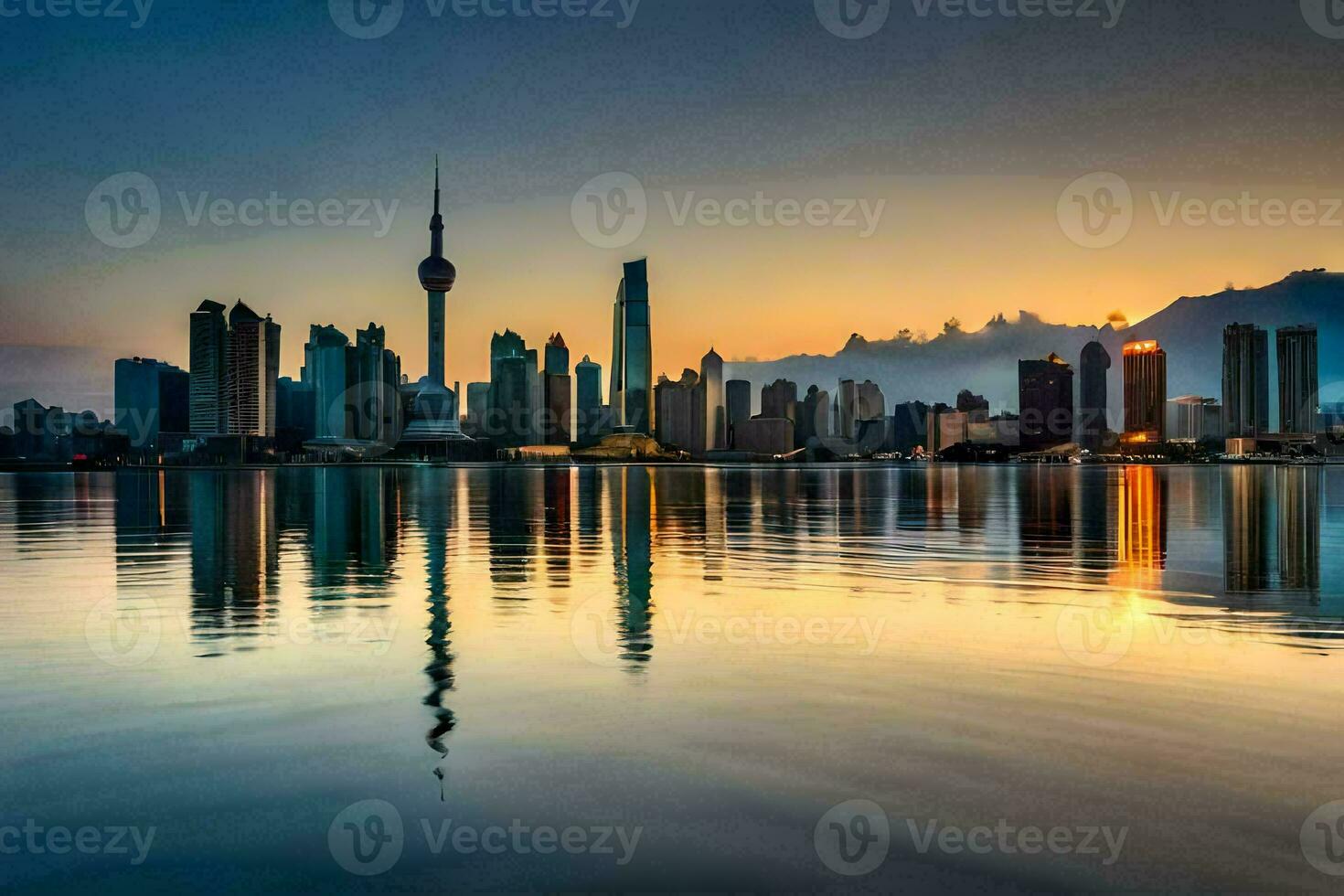 das Stadt Horizont von Shanghai ist reflektiert im das Wasser. KI-generiert foto