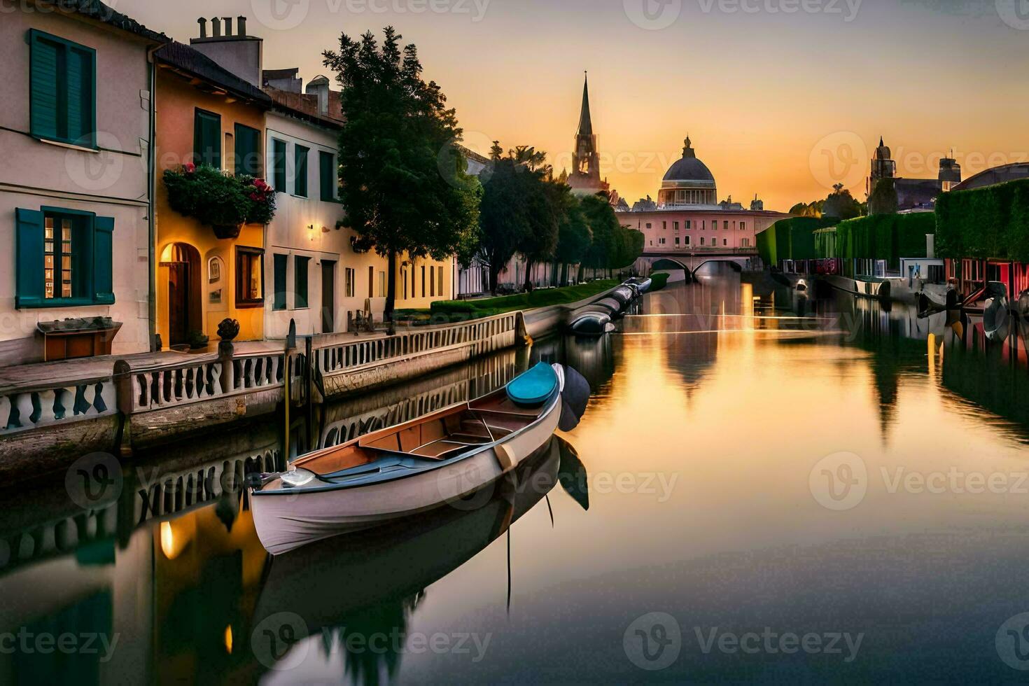 ein Boot ist angedockt im ein Kanal beim Sonnenuntergang. KI-generiert foto