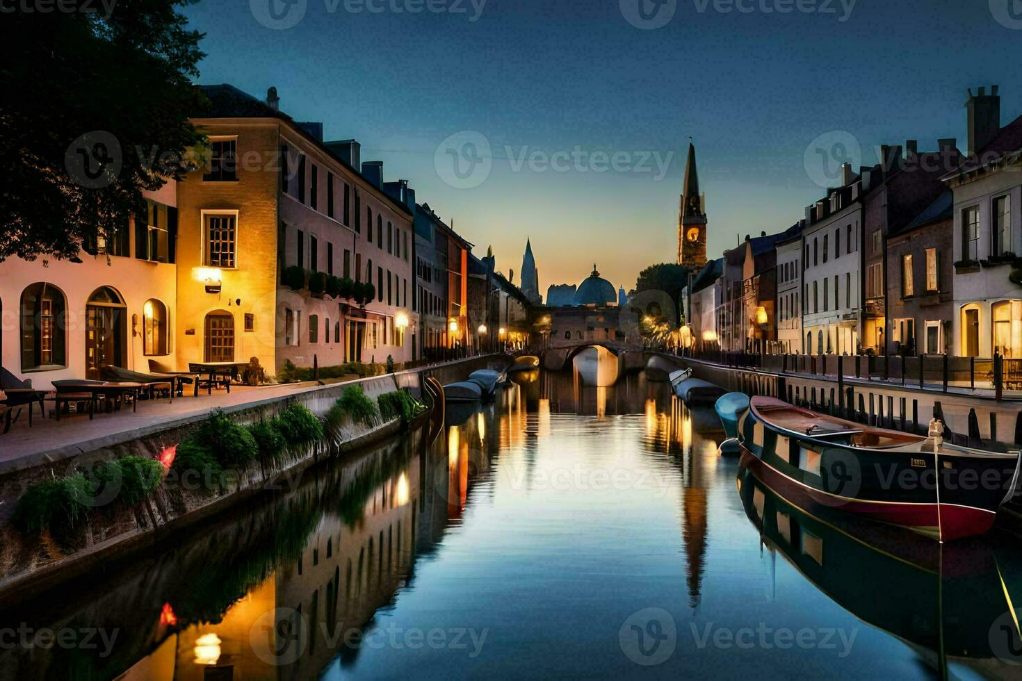 ein Kanal im das Mitte von ein Stadt beim Nacht. KI-generiert foto