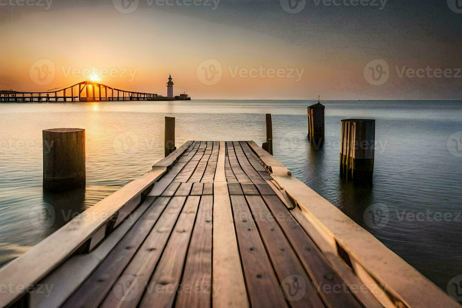 ein Seebrücke im das Ozean beim Sonnenuntergang. KI-generiert foto