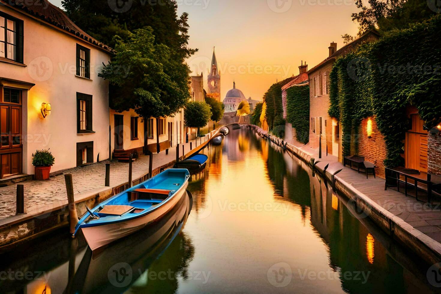 ein Boot ist angedockt im ein Kanal beim Sonnenuntergang. KI-generiert foto