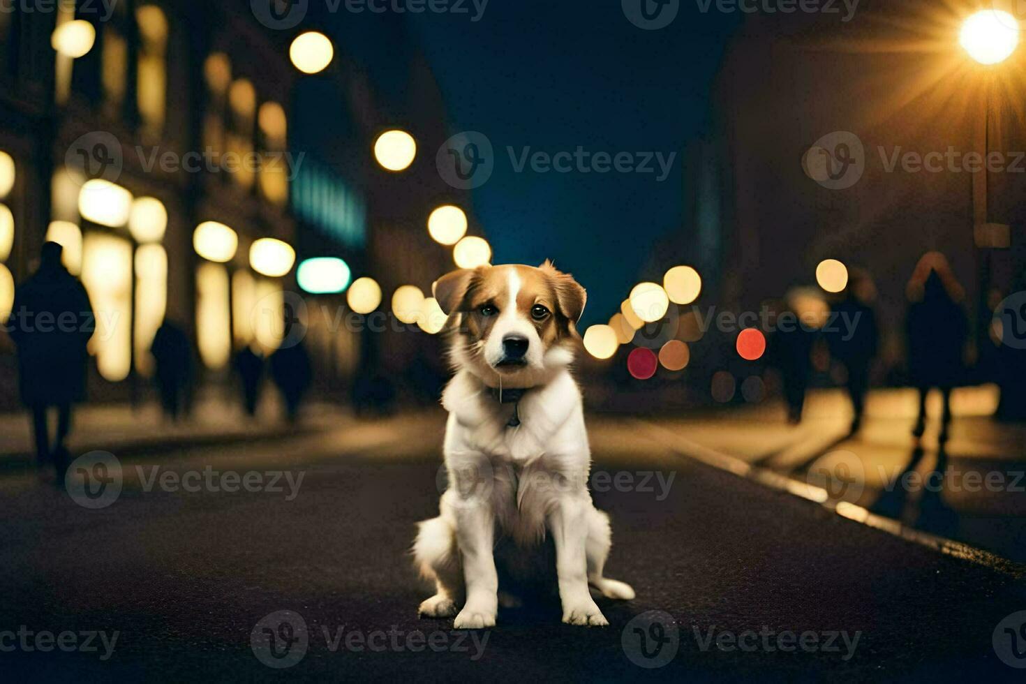 ein Hund Sitzung auf das Straße beim Nacht. KI-generiert foto