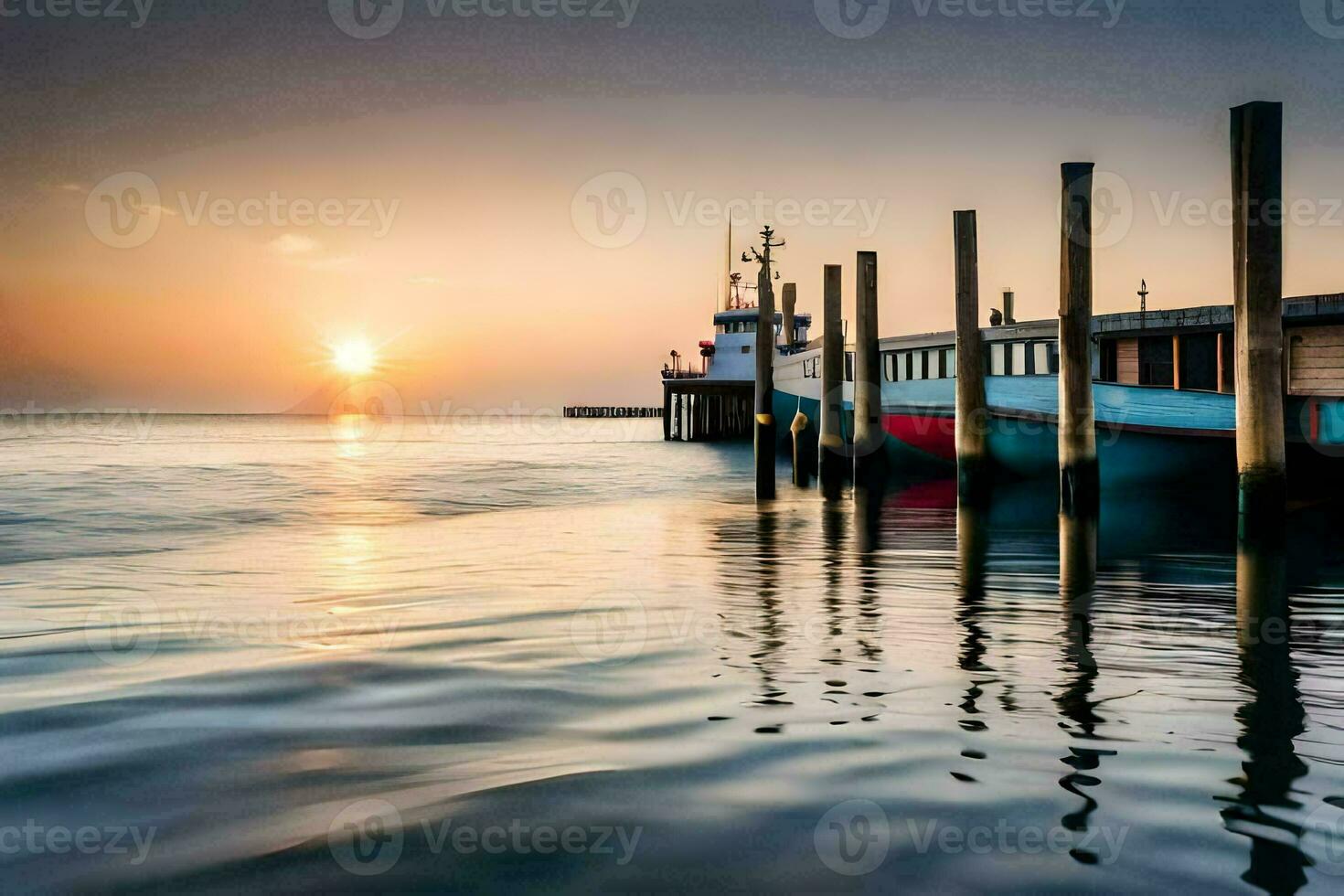 ein Boot Seebrücke beim Sonnenuntergang mit das Sonne Rahmen hinter Es. KI-generiert foto