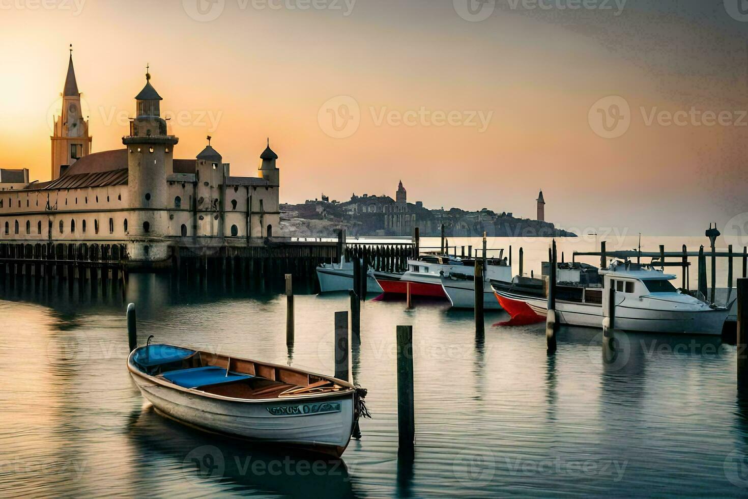 Boote angedockt beim das Seebrücke im Vorderseite von ein Kirche. KI-generiert foto