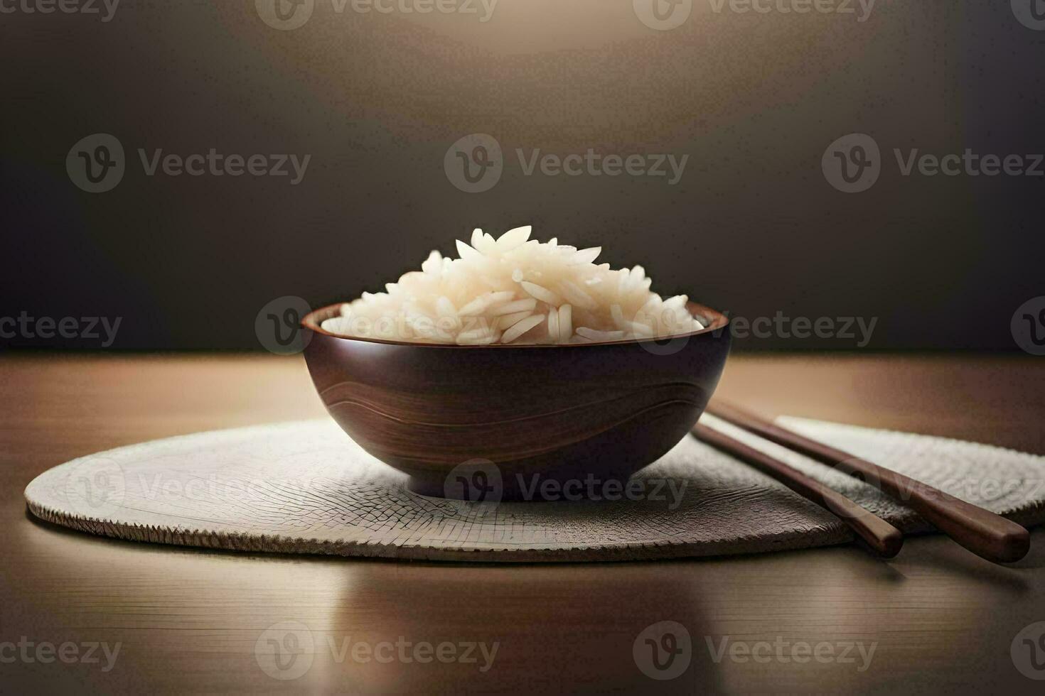 ein Schüssel von Reis mit Essstäbchen auf ein hölzern Tisch. KI-generiert foto