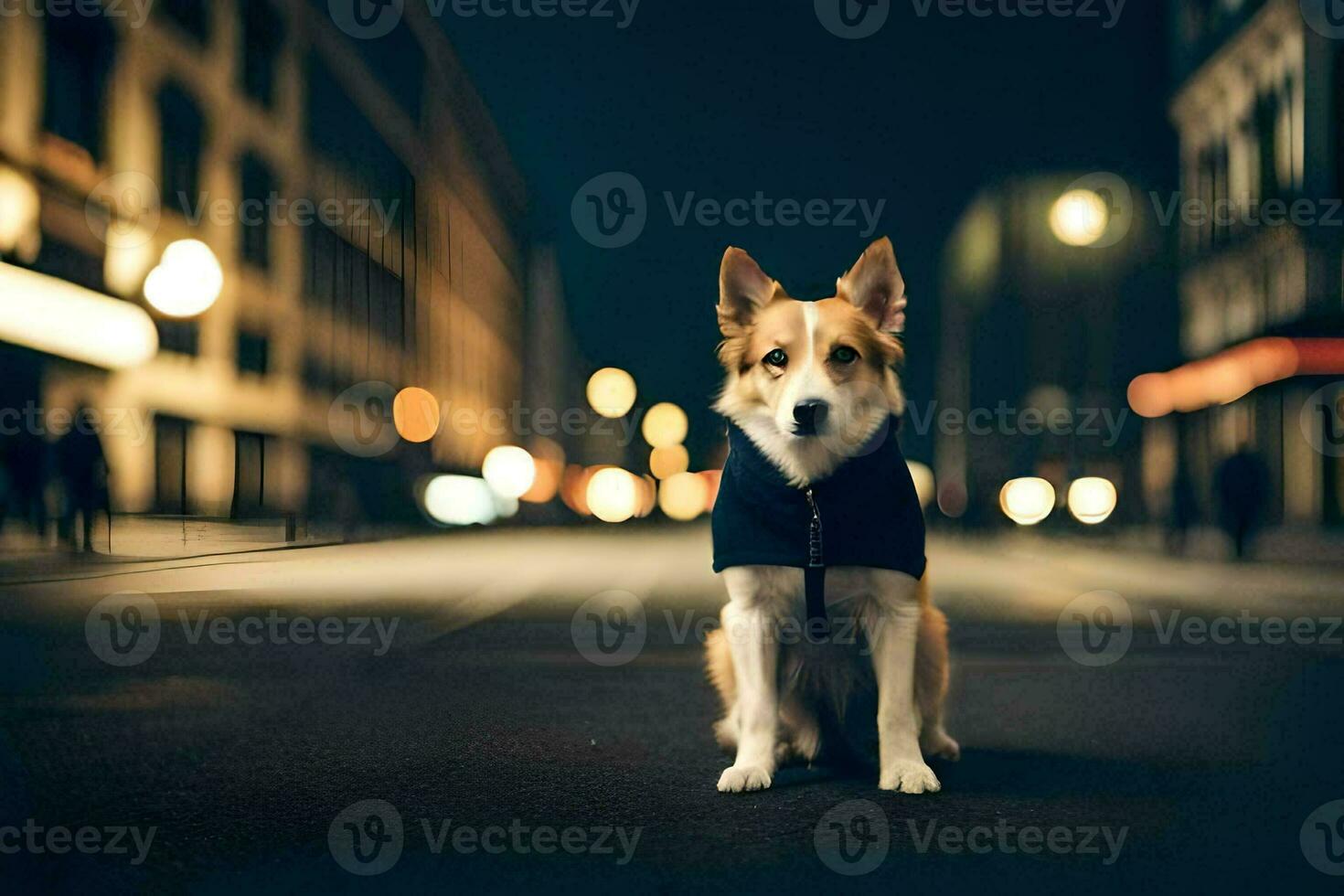 ein Hund im ein Jacke Sitzung auf das Straße beim Nacht. KI-generiert foto