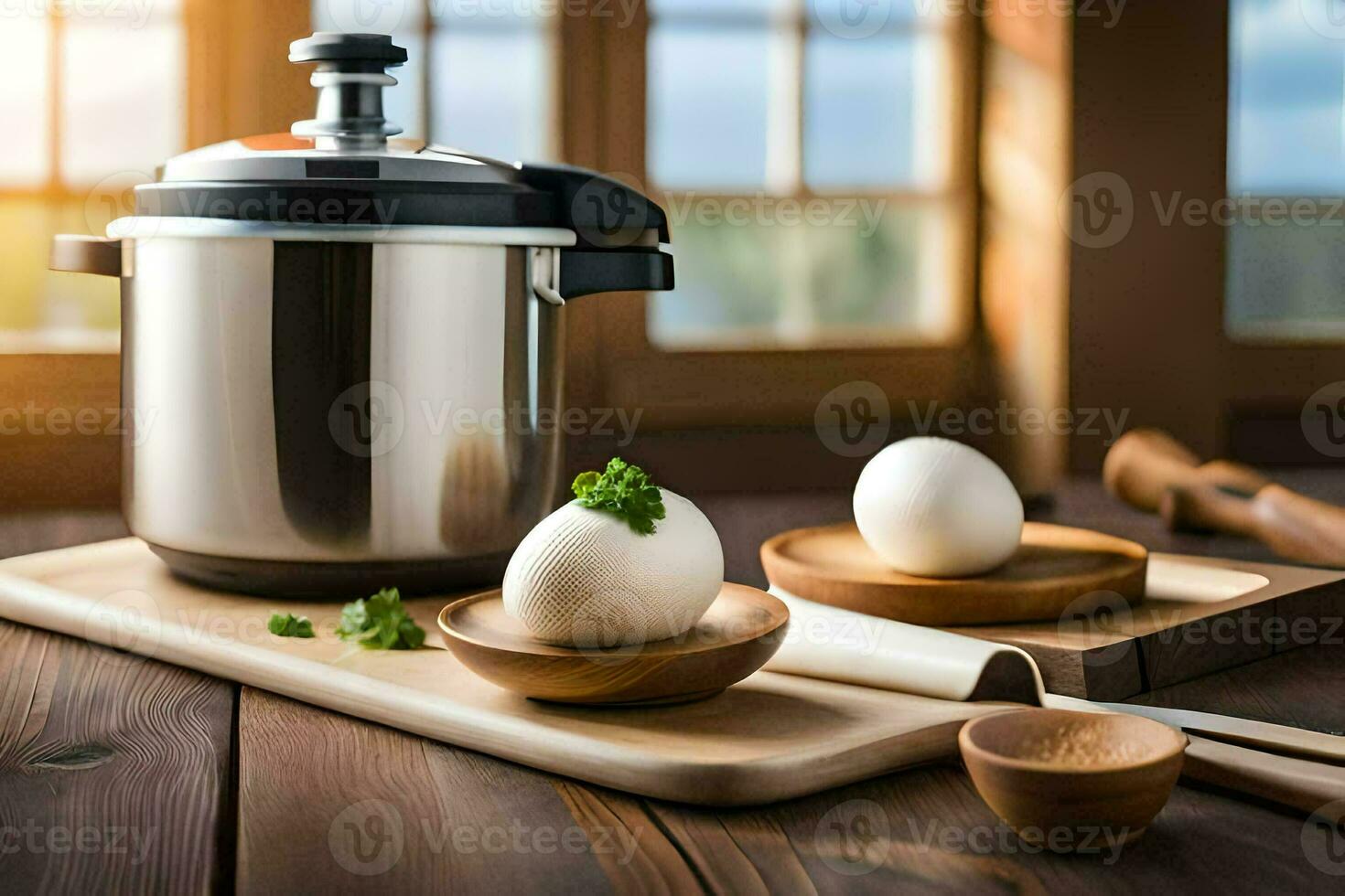 ein elektrisch Druck Kocher mit Eier auf ein hölzern Schneiden Tafel. KI-generiert foto