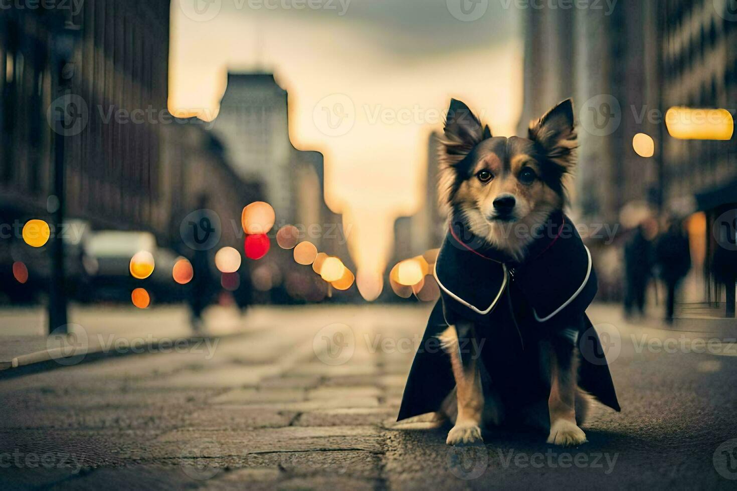 ein Hund im ein Mantel Sitzung auf das Straße. KI-generiert foto