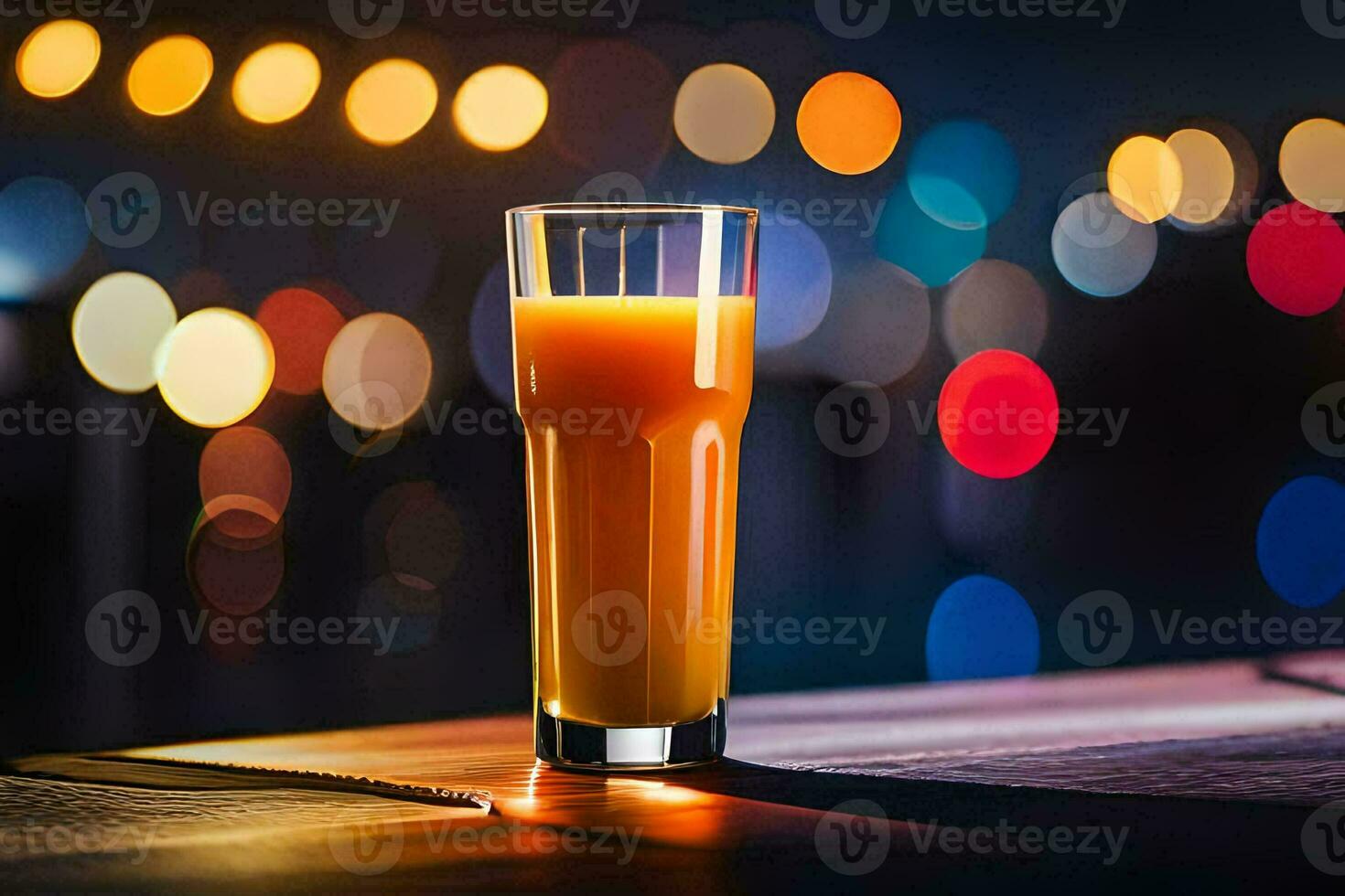 ein Glas von Orange Saft auf ein Tabelle im Vorderseite von ein verschwommen Hintergrund. KI-generiert foto