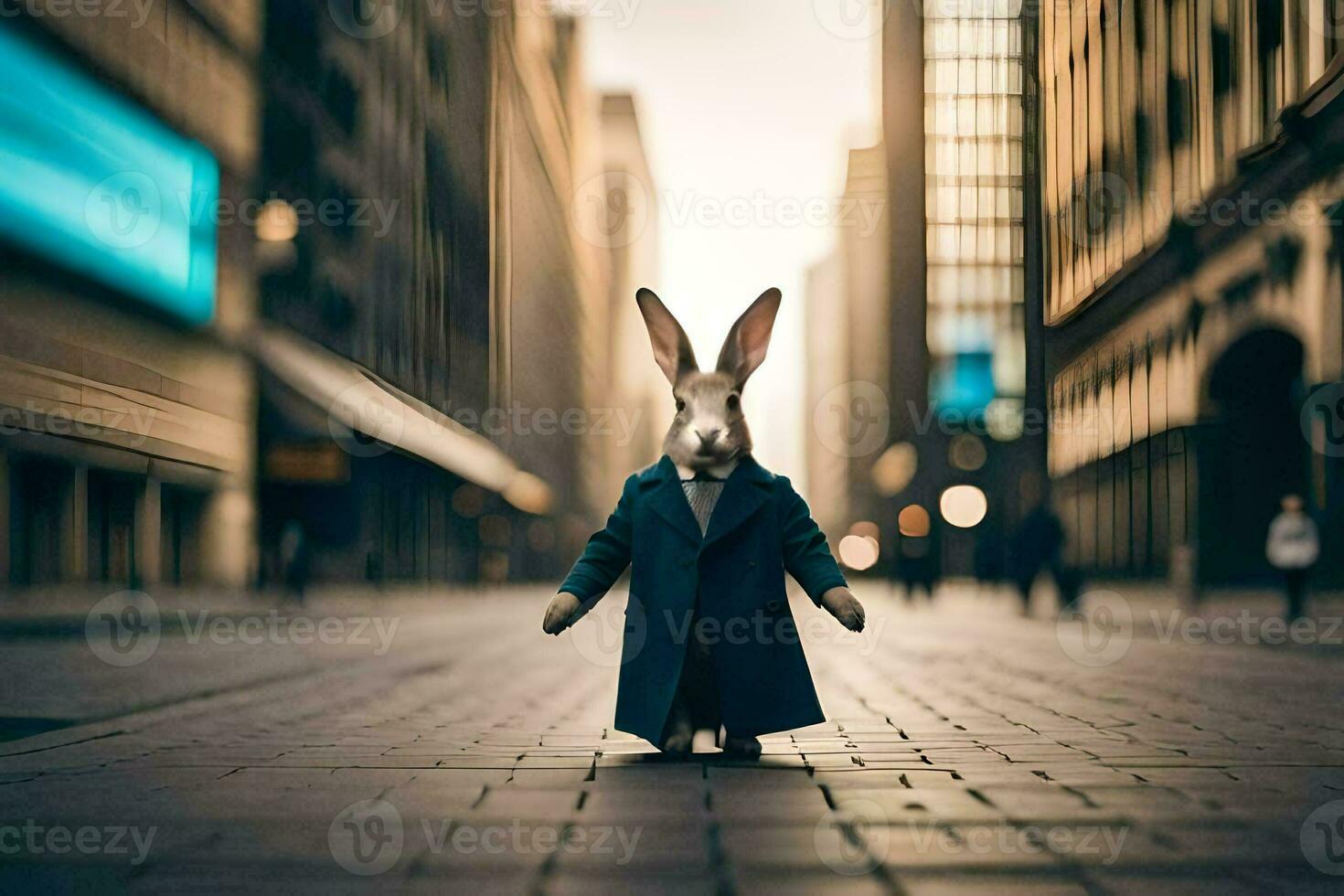 ein Hase gekleidet im ein passen und Krawatte Stehen im das Mitte von ein Stadt Straße. KI-generiert foto