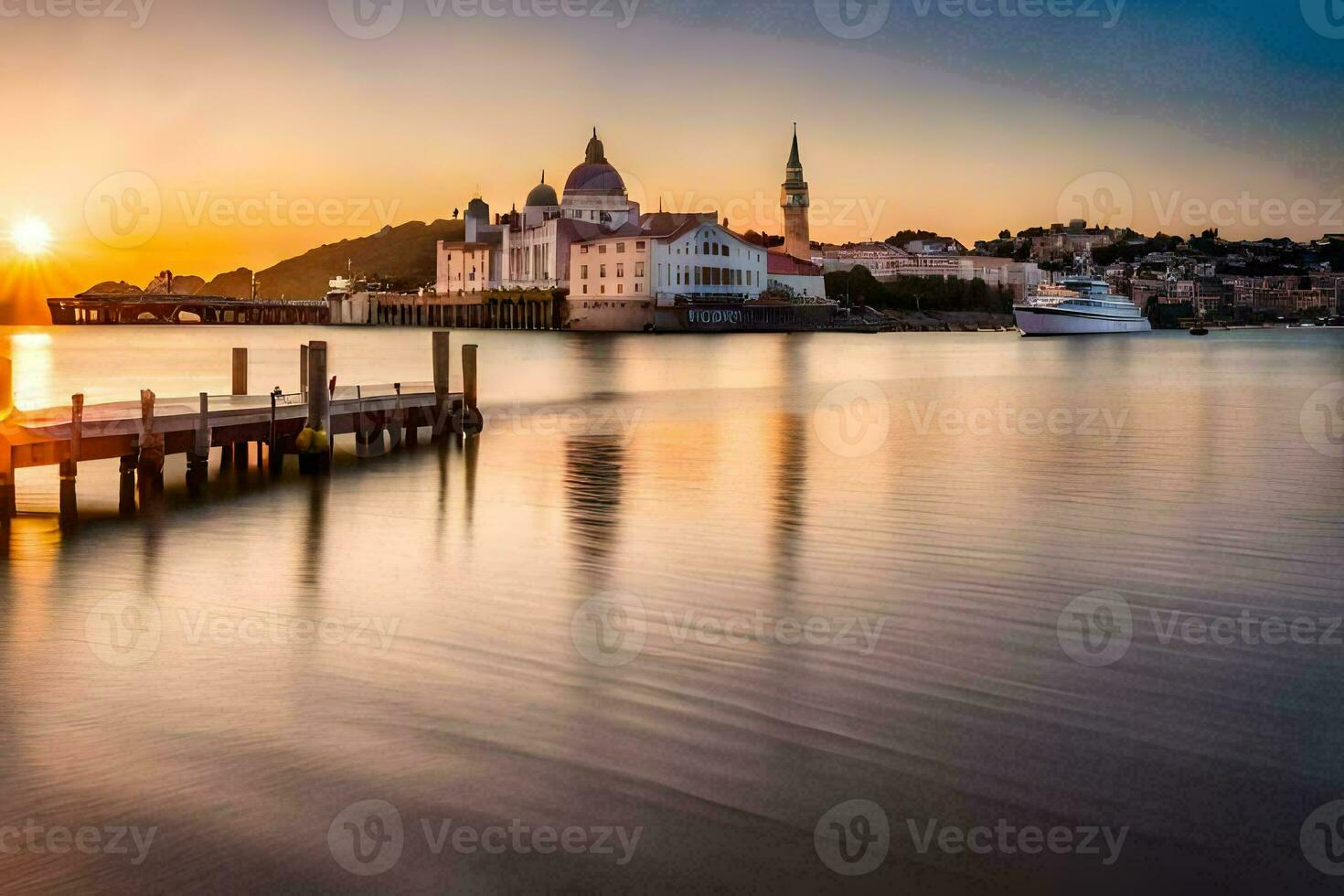 das Sonne setzt Über ein Stadt und ein Seebrücke. KI-generiert foto