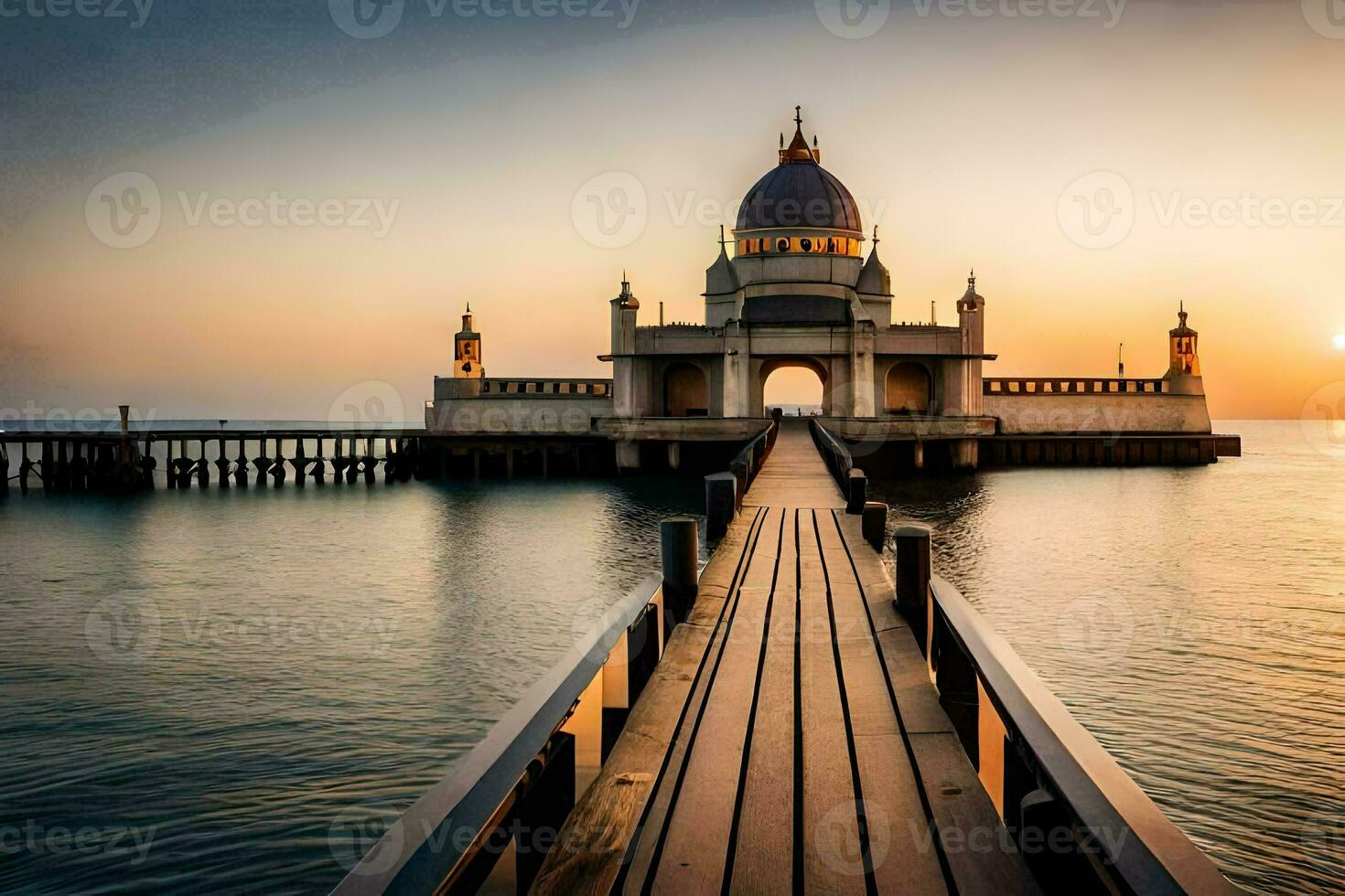 das Sonne setzt Über ein Seebrücke mit ein groß Gebäude. KI-generiert foto