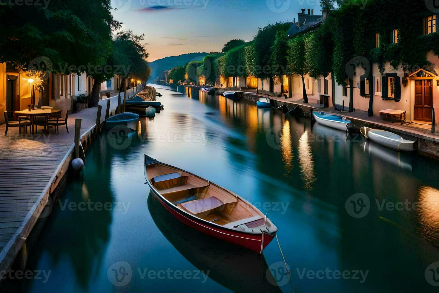 ein Boot ist angedockt auf ein Kanal im ein Stadt. KI-generiert foto