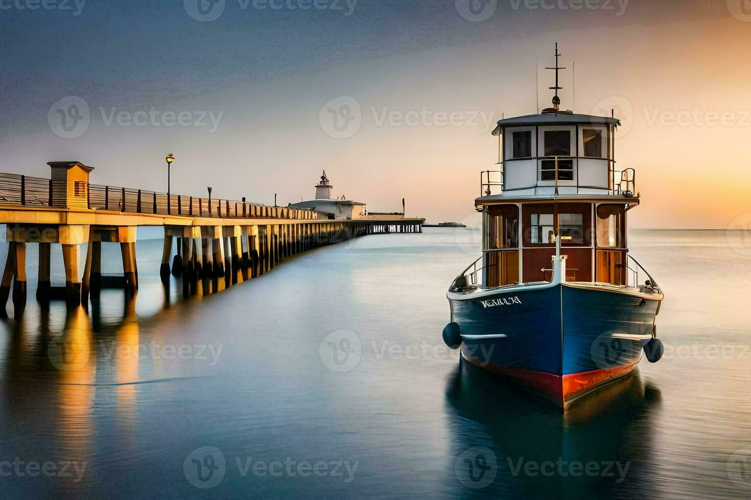 ein Boot angedockt beim das Seebrücke beim Sonnenuntergang. KI-generiert foto