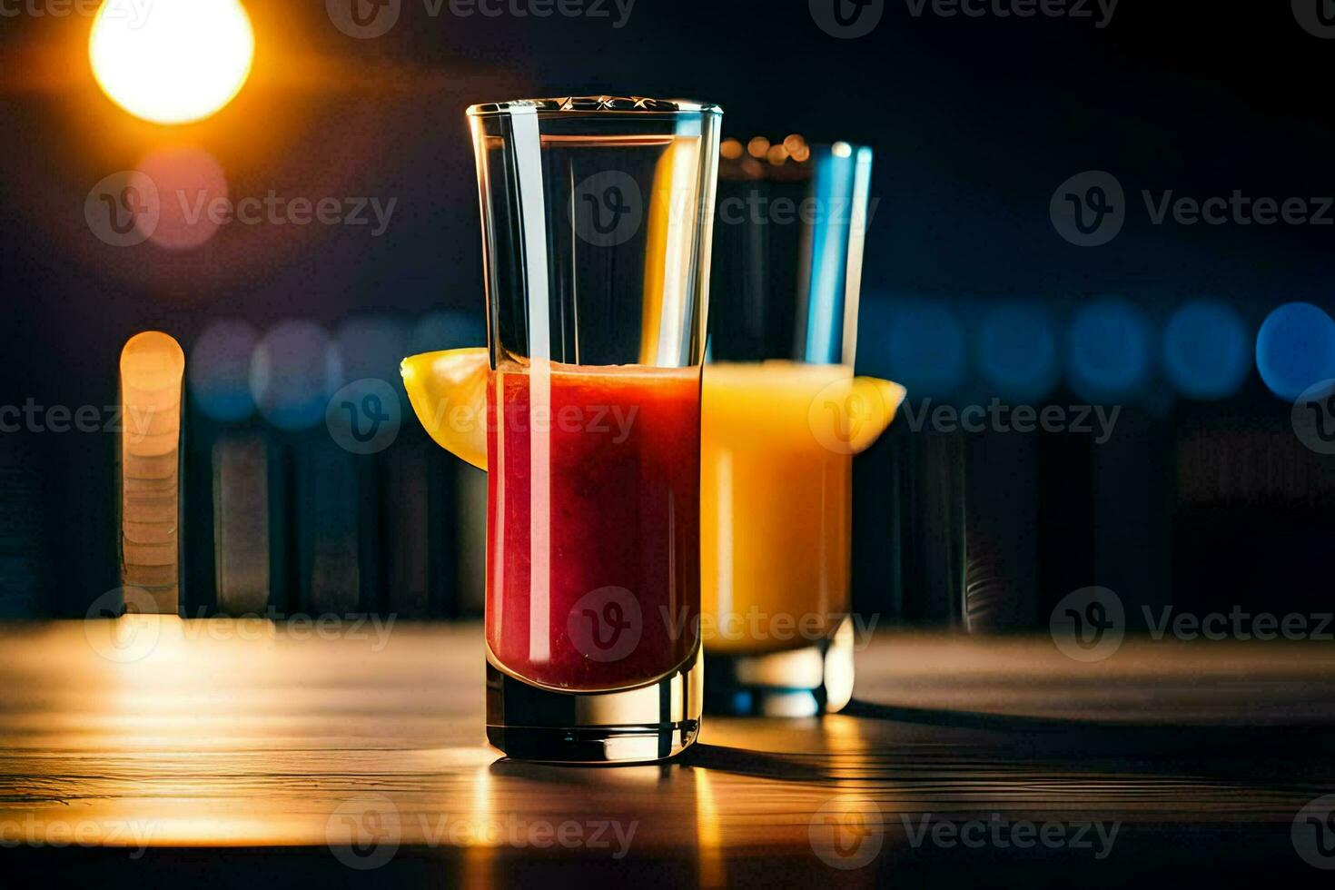 zwei Brille von Orange Saft auf ein hölzern Tisch. KI-generiert foto