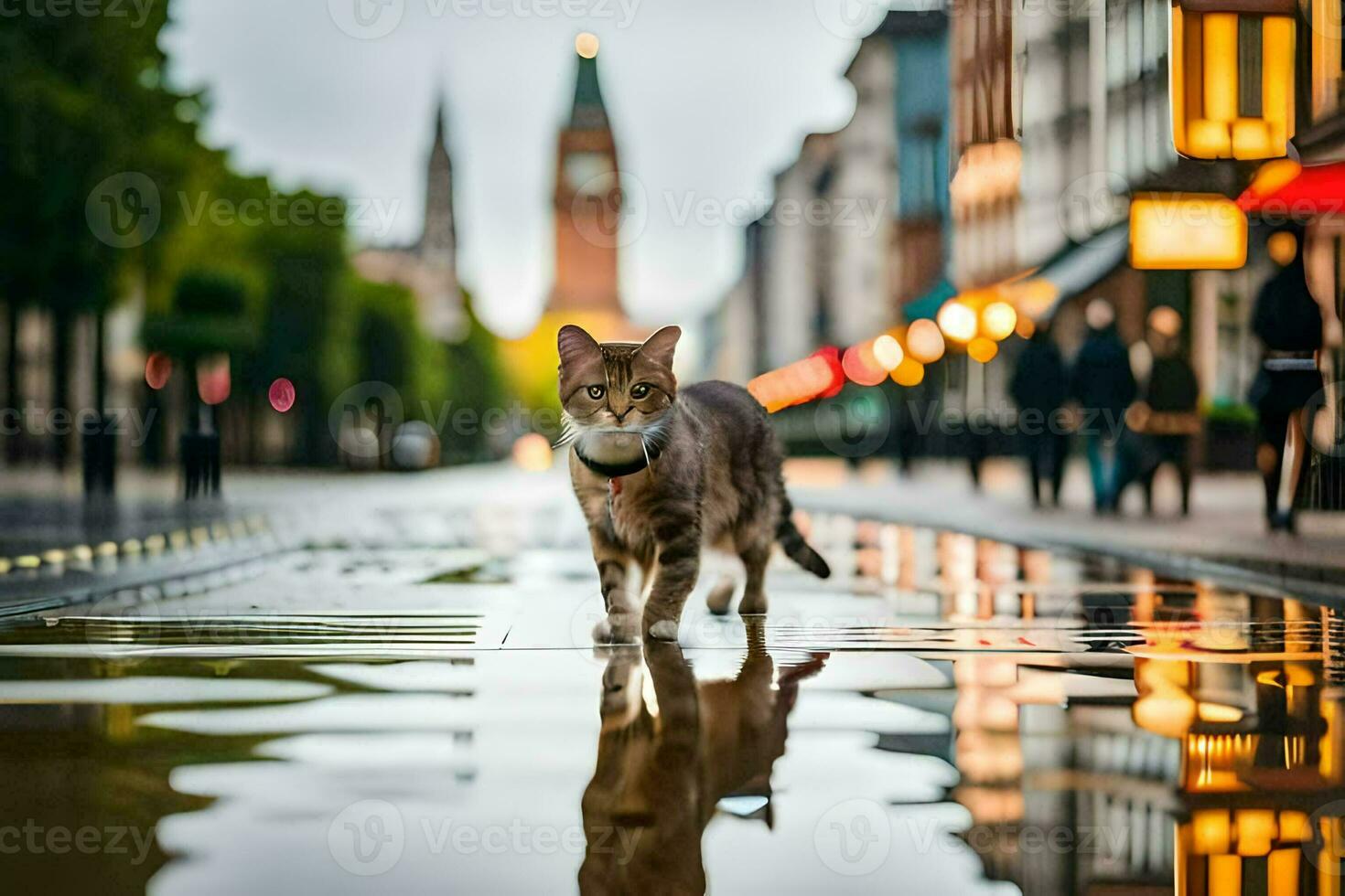 ein Katze Gehen über ein nass Straße beim Nacht. KI-generiert foto