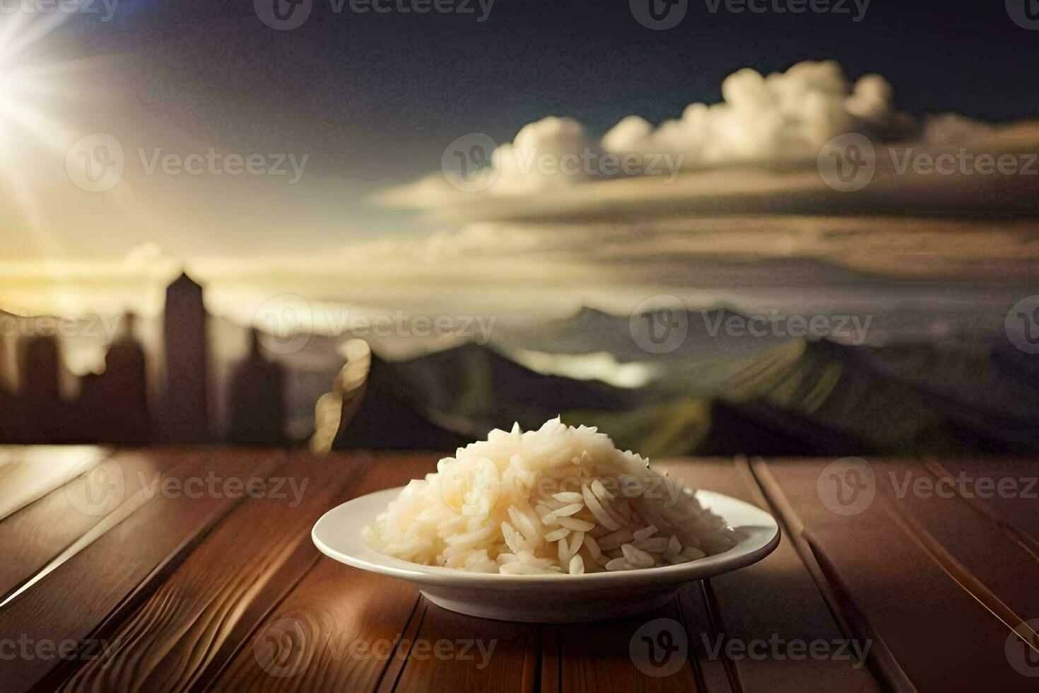 ein Teller von Reis auf ein Tabelle mit ein Aussicht von Berge. KI-generiert foto