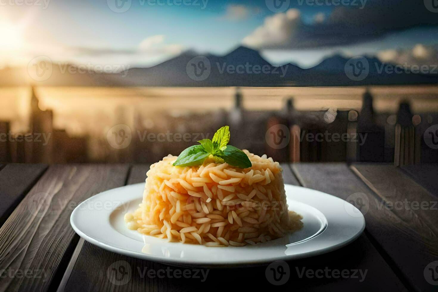 ein Teller von Pasta mit ein Aussicht von das Stadt. KI-generiert foto