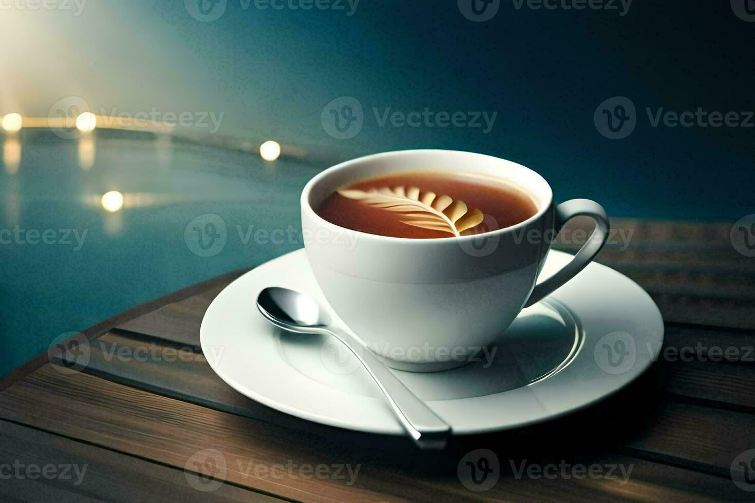 ein Tasse von Kaffee mit ein Blatt Design auf das Tasse. KI-generiert foto