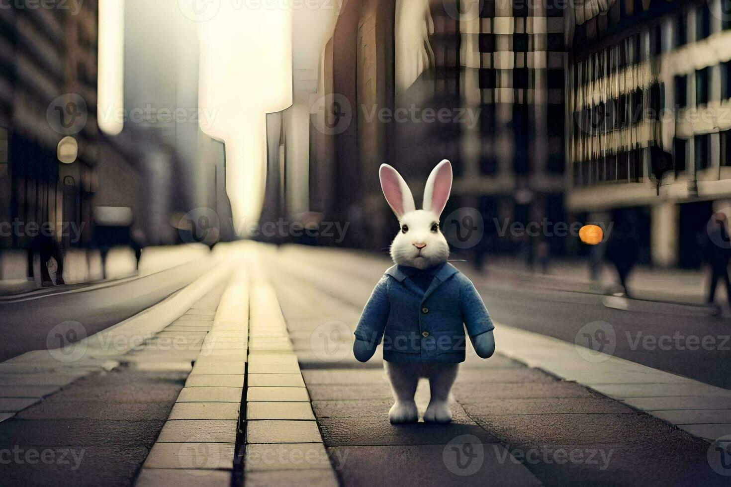 ein Hase tragen ein Blau Jacke Stehen im das Mitte von ein Stadt Straße. KI-generiert foto