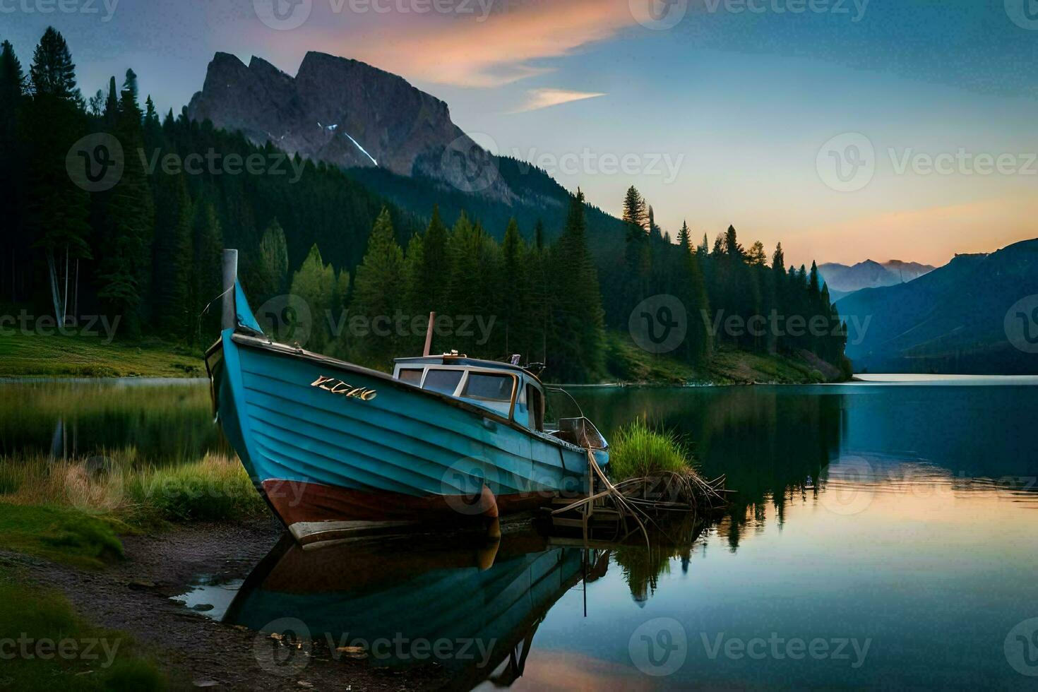 ein Boot sitzt auf das Ufer von ein See beim Sonnenuntergang. KI-generiert foto