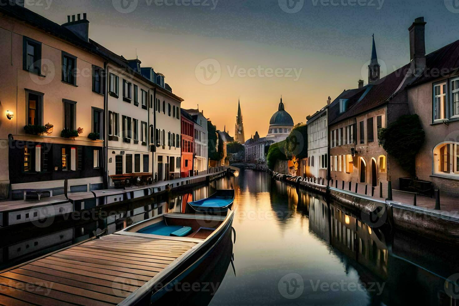 ein Kanal im das Mitte von ein Stadt beim Sonnenuntergang. KI-generiert foto