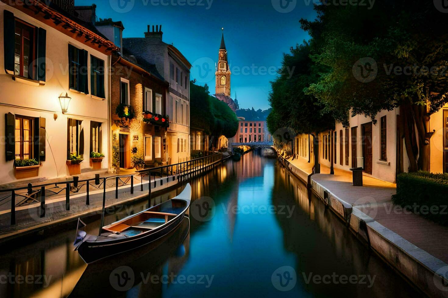 ein Boot ist auf ein Kanal im ein Stadt beim Nacht. KI-generiert foto