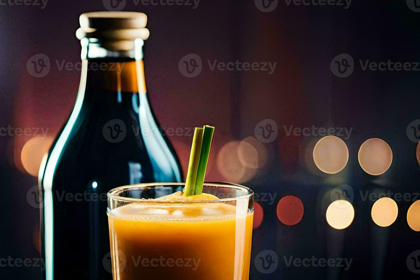 ein Glas von Orange Saft Nächster zu ein Flasche von Wodka. KI-generiert foto