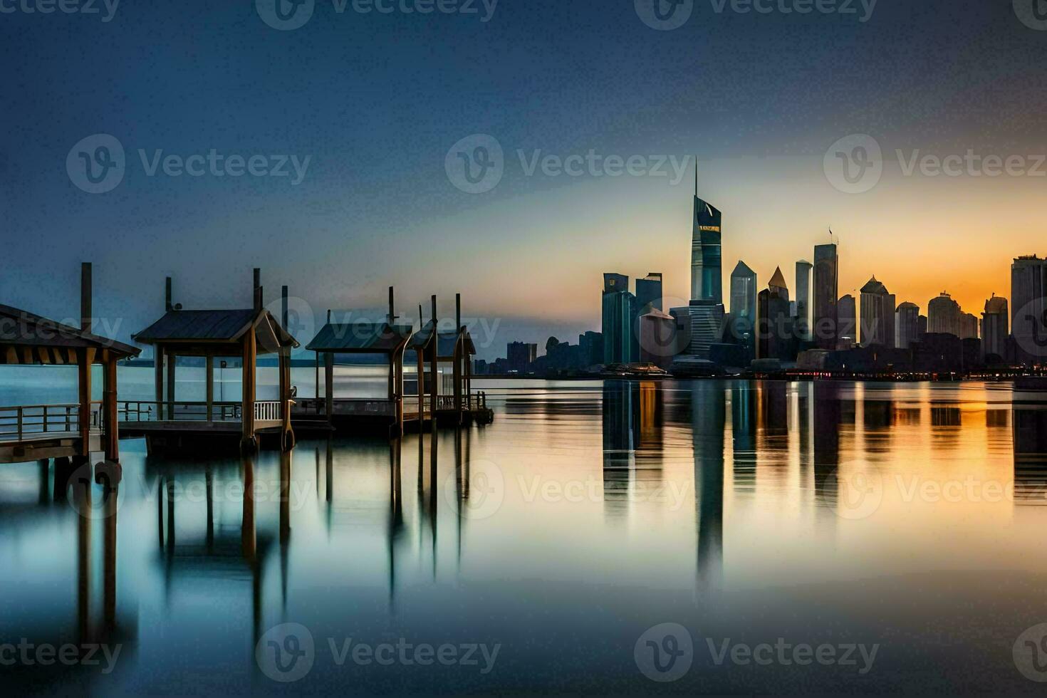 das Stadt Horizont ist reflektiert im das Wasser beim Sonnenuntergang. KI-generiert foto