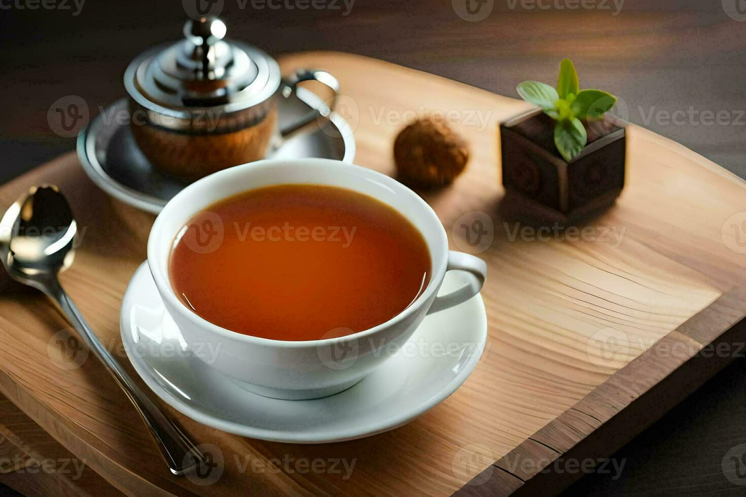 ein Tasse von Tee auf ein hölzern Tisch. KI-generiert foto