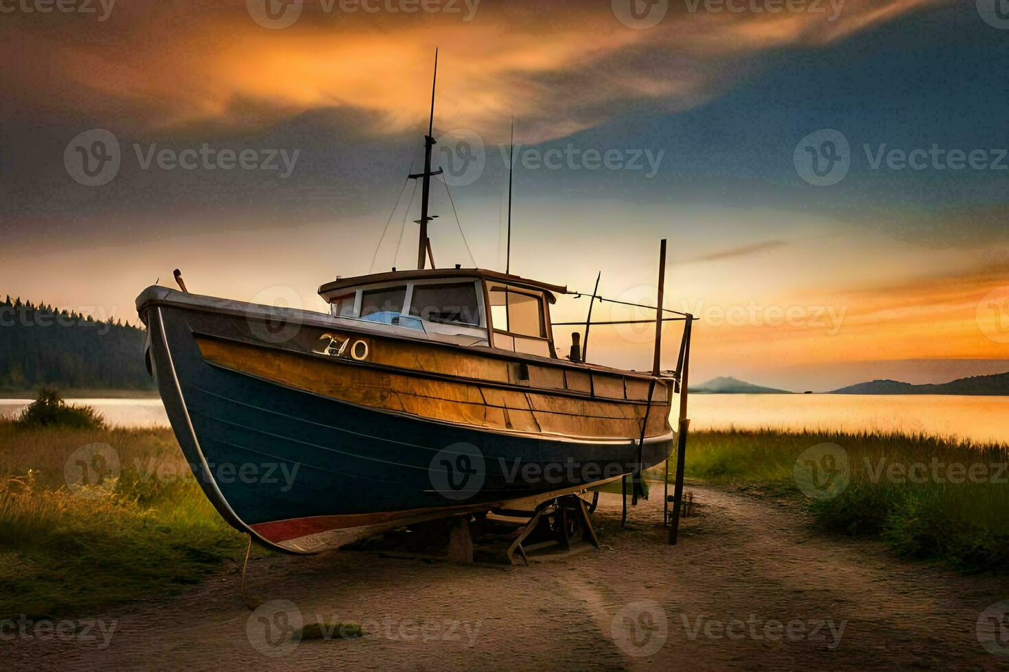 ein Boot sitzt auf das Ufer beim Sonnenuntergang. KI-generiert foto