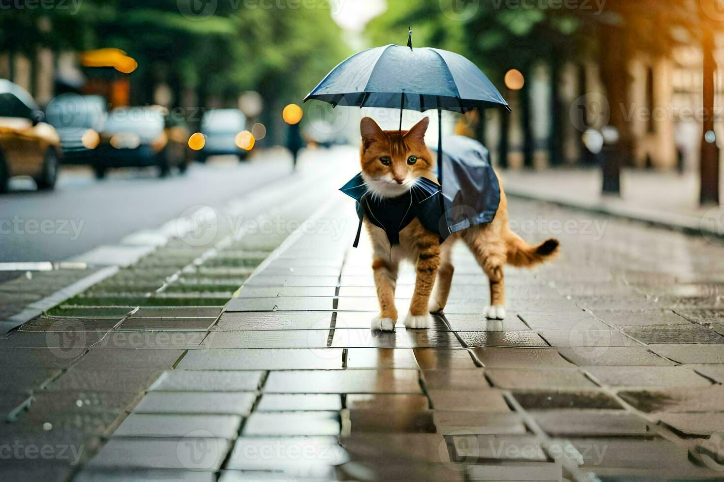 ein Katze Gehen auf ein Straße mit ein Regenschirm. KI-generiert foto