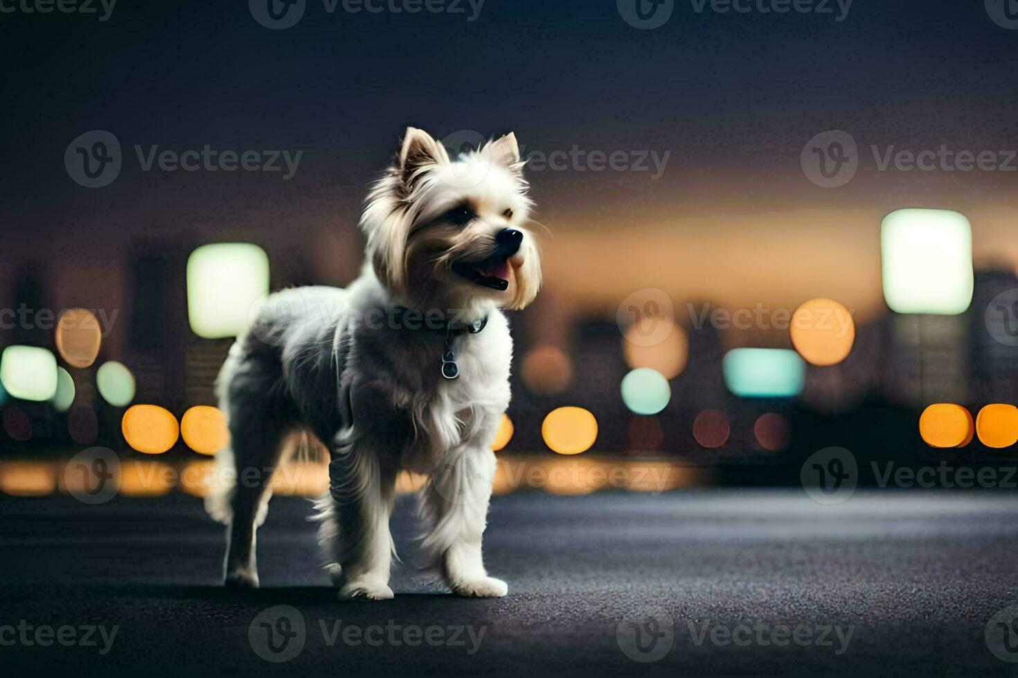 ein Weiß Hund Stehen auf das Straße beim Nacht. KI-generiert foto