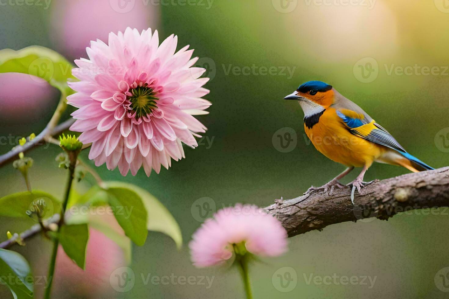 ein Vogel sitzt auf ein Ast mit Rosa Blumen. KI-generiert foto