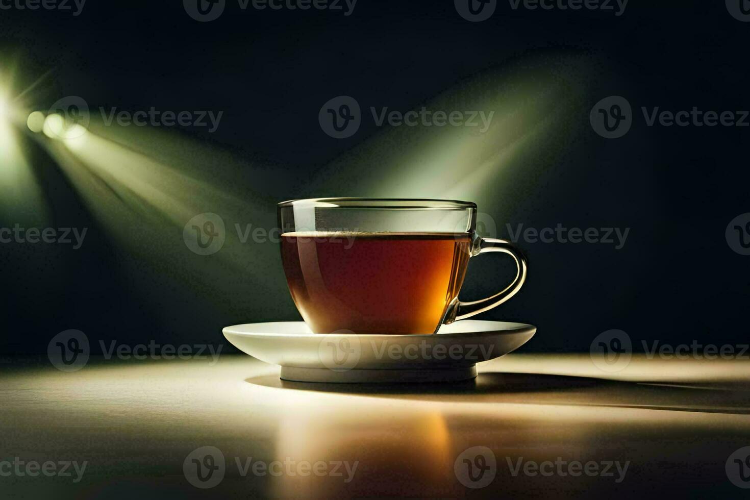 ein Tasse von Tee auf ein Tabelle im Vorderseite von ein Scheinwerfer. KI-generiert foto