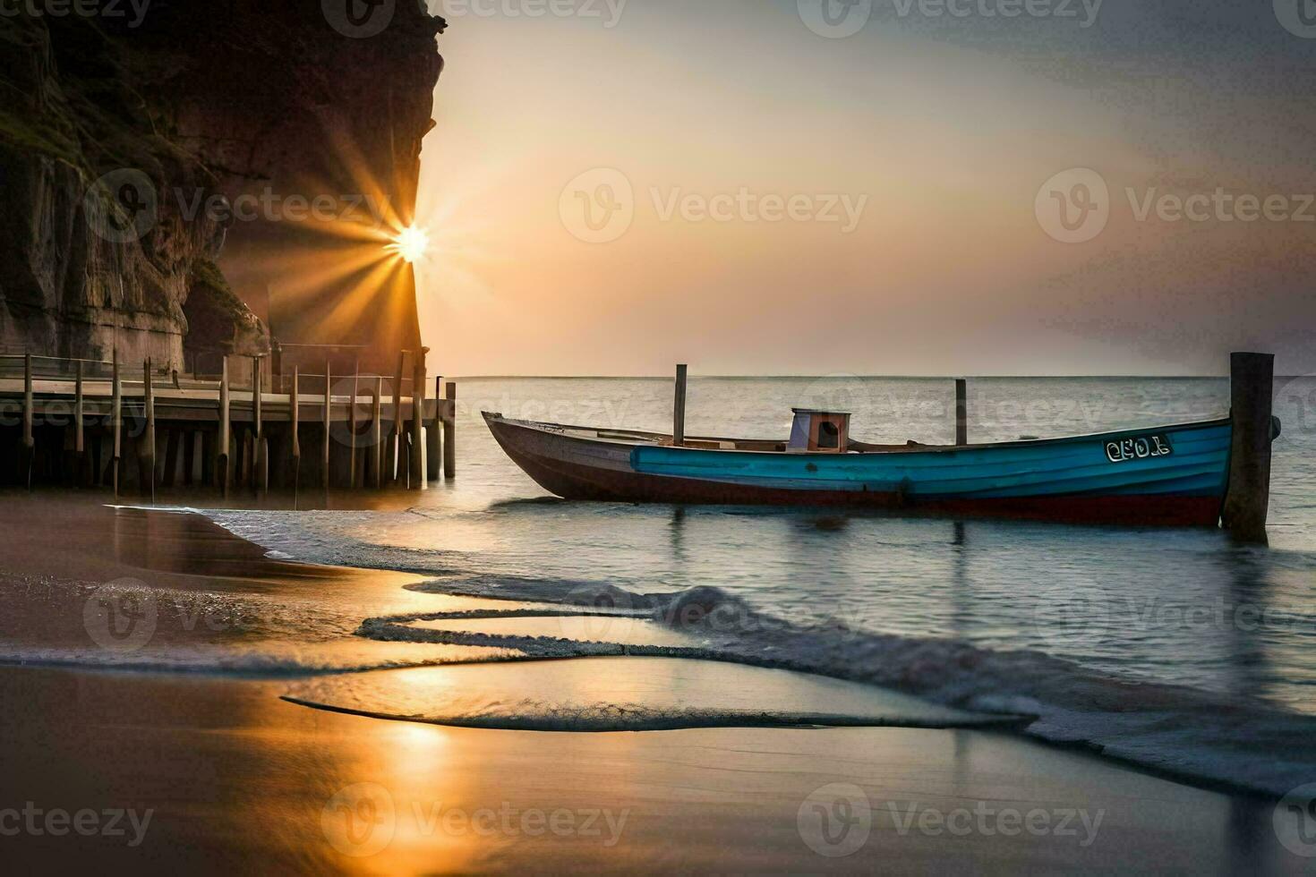 ein Boot sitzt auf das Strand beim Sonnenuntergang. KI-generiert foto