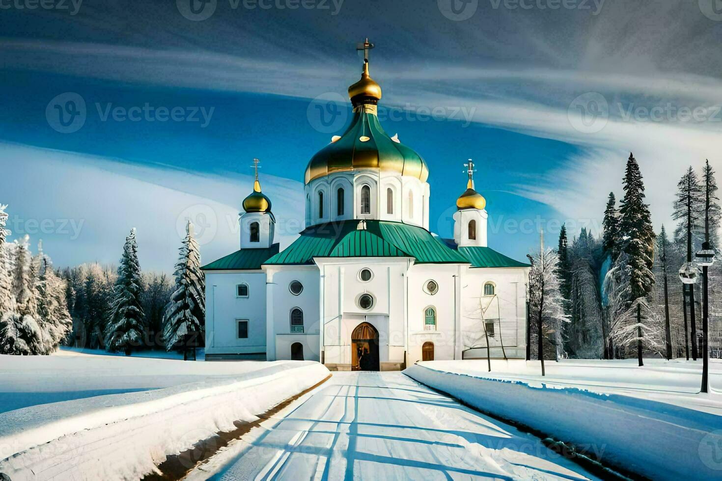 ein Kirche im das Schnee mit Schnee auf das Boden. KI-generiert foto