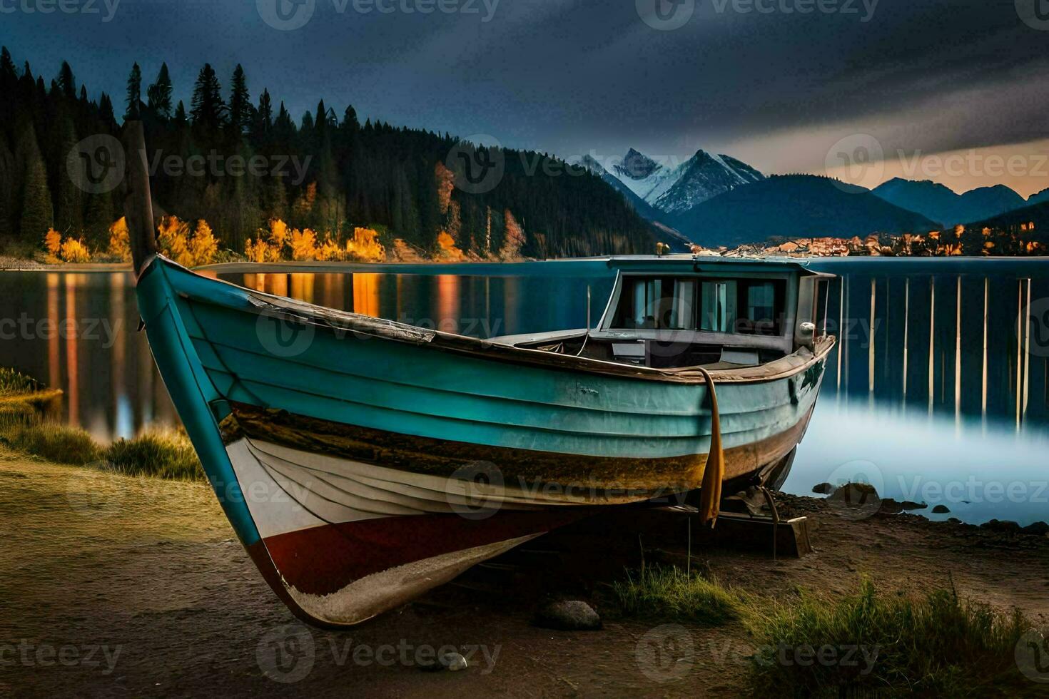 ein Boot sitzt auf das Ufer von ein See beim Dämmerung. KI-generiert foto