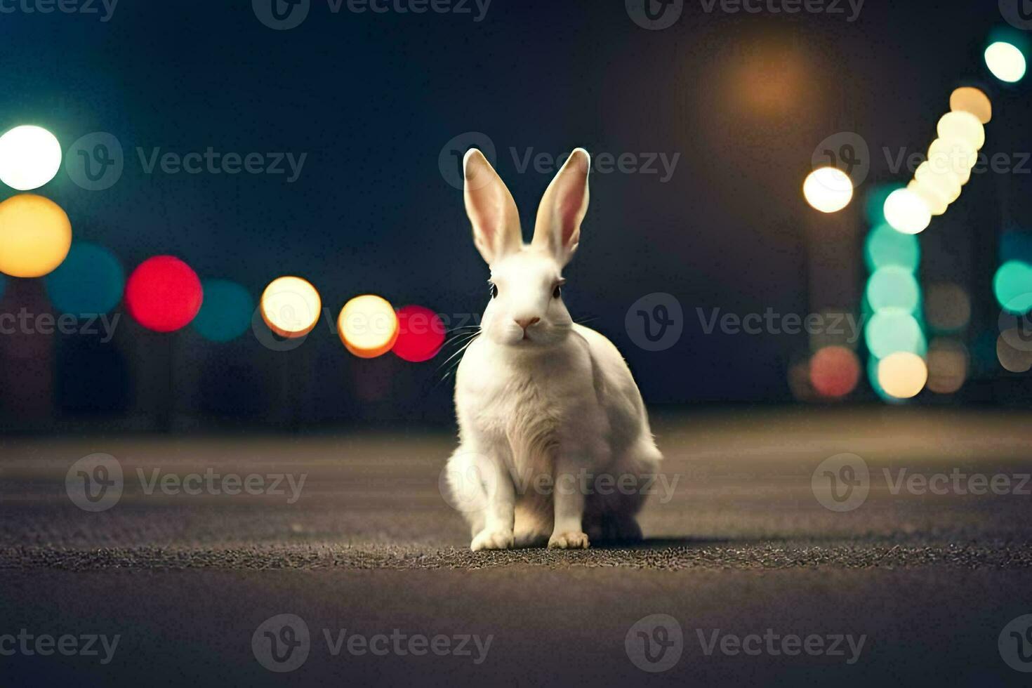 Weiß Hase Sitzung auf das Straße beim Nacht. KI-generiert foto