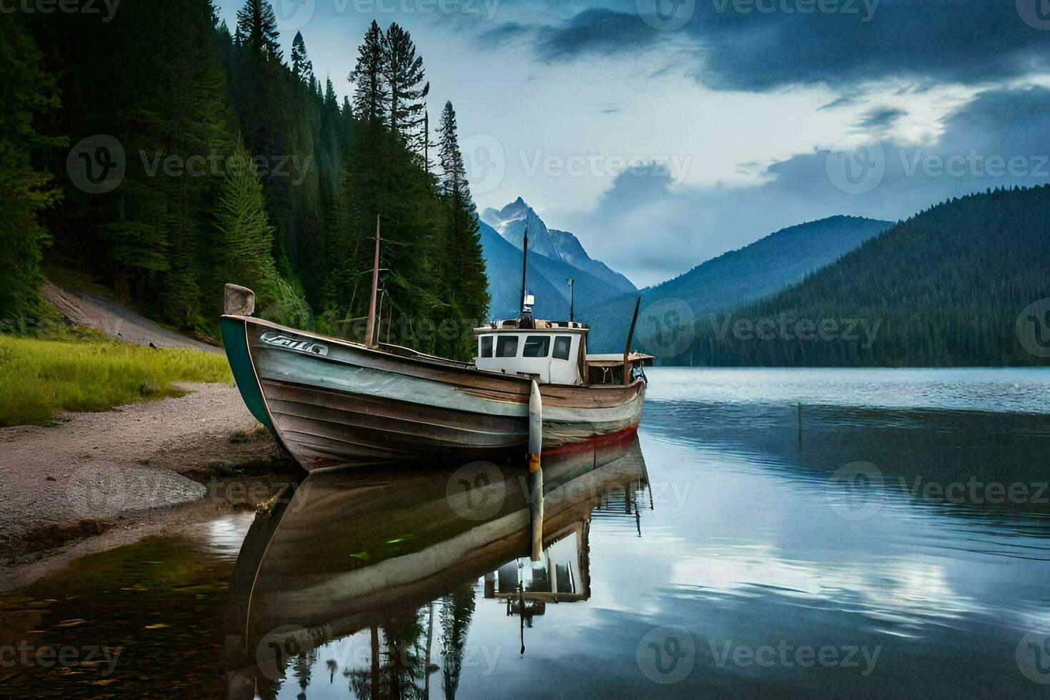 ein Boot sitzt auf das Ufer von ein See. KI-generiert foto