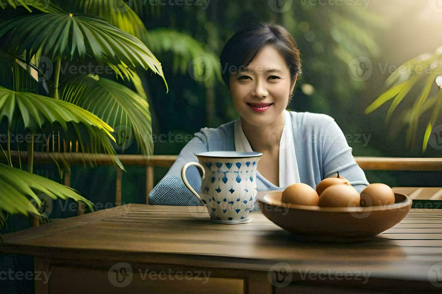 ein Frau Sitzung beim ein Tabelle mit Eier und ein Schüssel von Frucht. KI-generiert foto