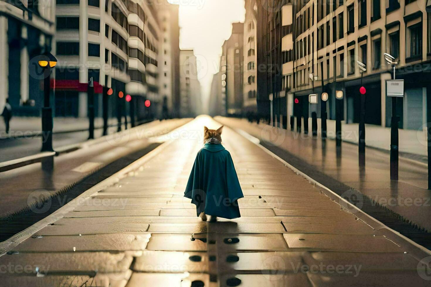 ein Katze Gehen Nieder ein Stadt Straße im ein Blau Mantel. KI-generiert foto