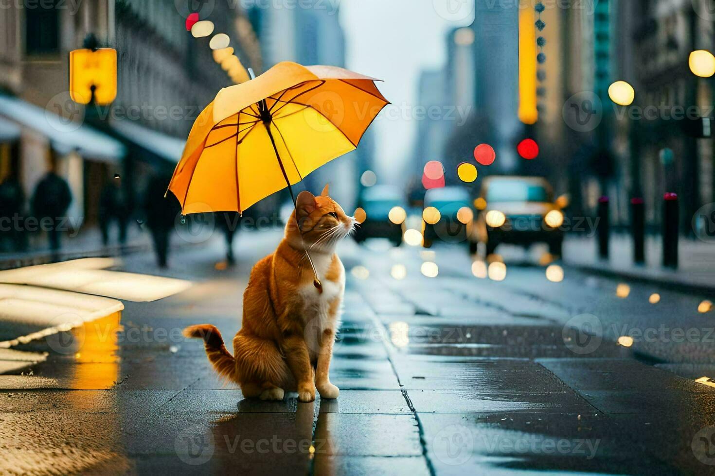 ein Katze Sitzung auf das Straße mit ein Regenschirm. KI-generiert foto