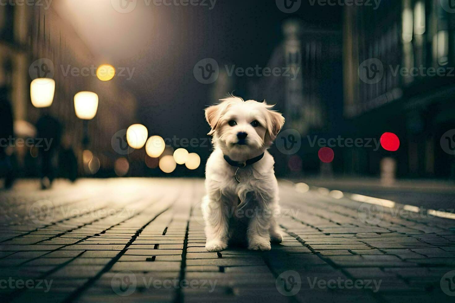 ein klein Hund Sitzung auf das Straße beim Nacht. KI-generiert foto